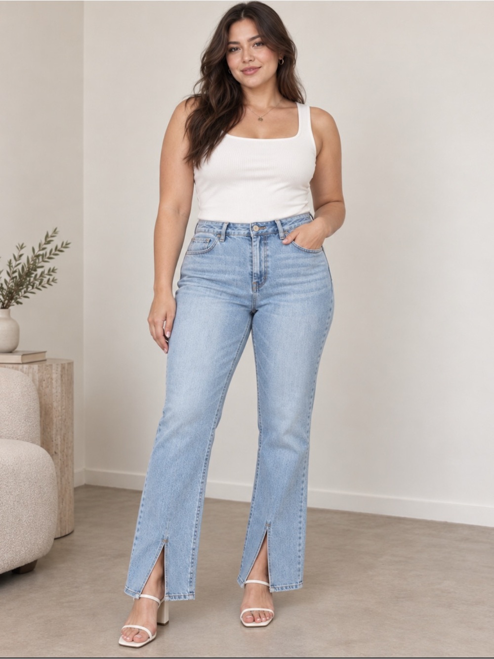 1822 Denim High-Rise Light Blue Front-Slit Straight Jeans Size-12/31 Clean Girl
